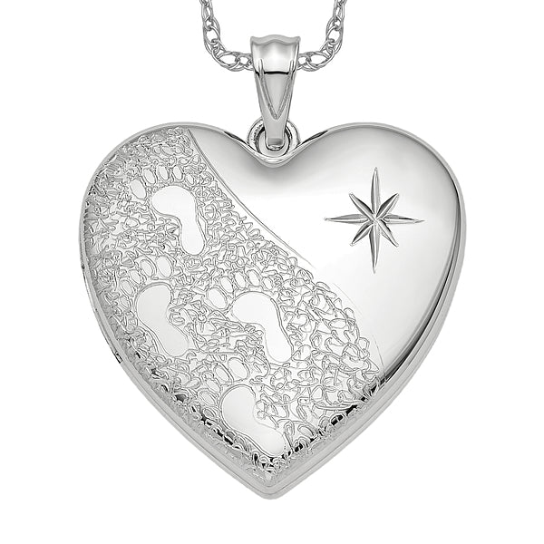 Sterling Silver 24mm Footprints Heart Locket