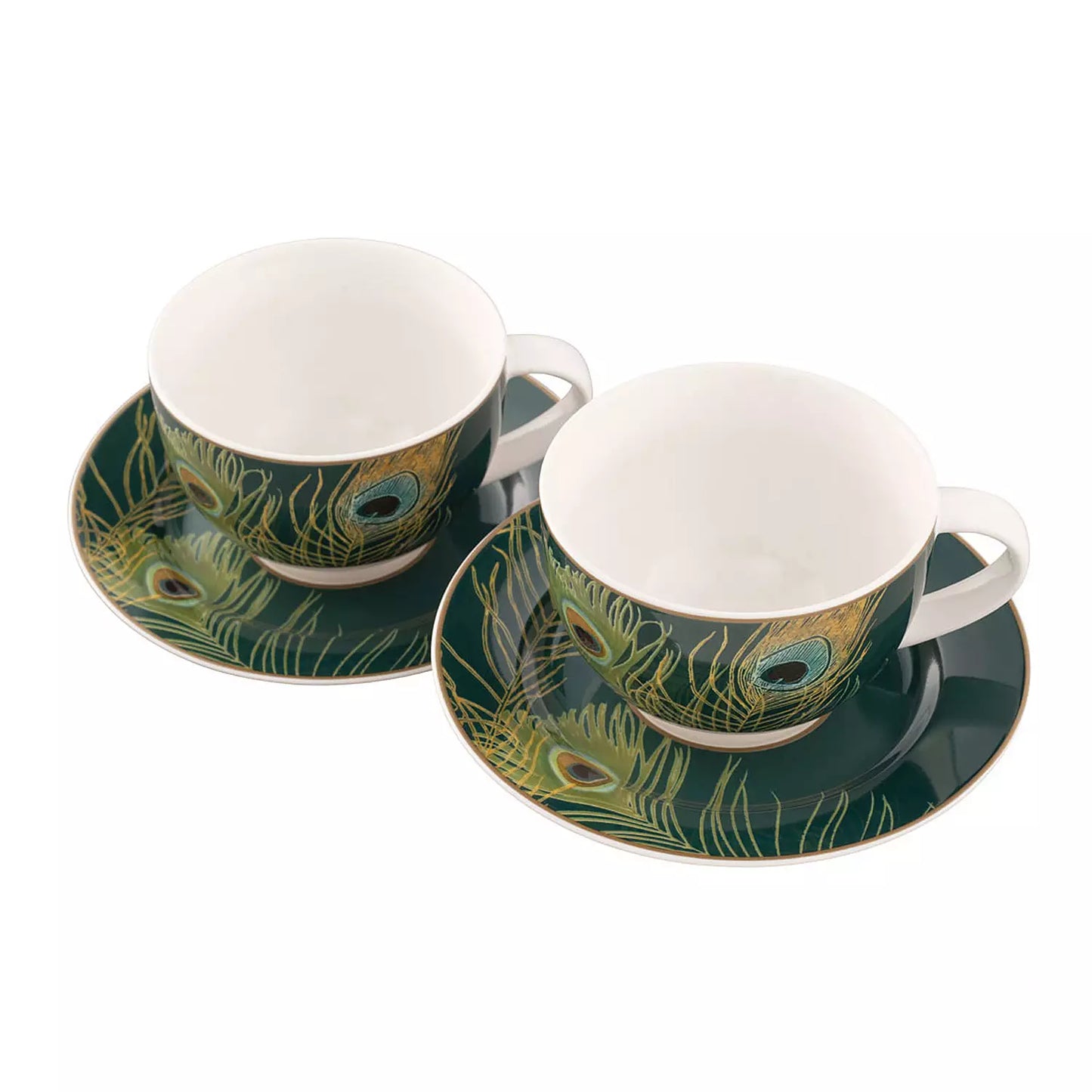 AYNSLEY Peacock Feather Cappucino Cup and Saucer Set of 2