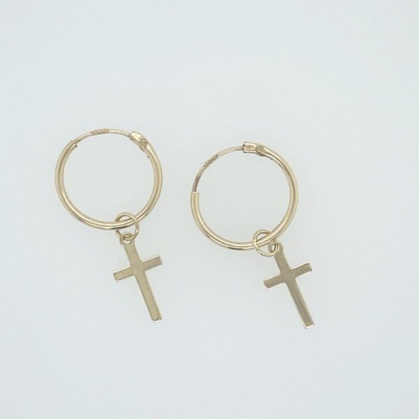 Hoop Earrings With Cross Hanging Charm,9ct Yellow Gold Plain - A & M News and Gifts