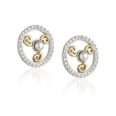 Jean Butler Jewelry - Sterling Silver CZ & Pearl 18k Yellow Gold Plated Triskele Stud Irish Earrings - A & M News and Gifts
